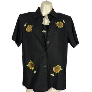 Vintage A.K.C. Tank Blouse Set Black Bee Sunflower Linen Blend Casual Embroider